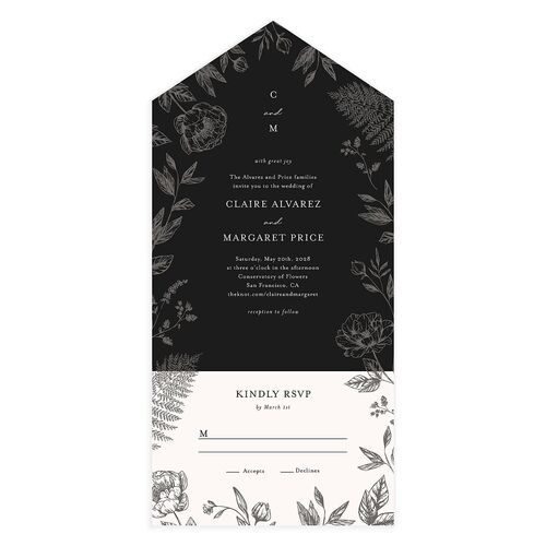 Classic Botanical Border All-in-One Wedding Invitations Charcoal Signature Light Both Recipient and Return Addresses No