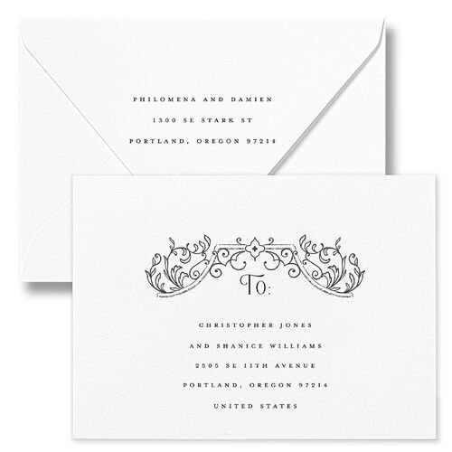 Gothic Gate Wedding Invitation Euro Envelopes White Plum Both Recipient and Return Addresses Luxe Signature