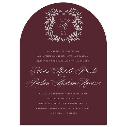 Formal Crest Wedding Invitations Silver Burgundy Signature Blank No Arch