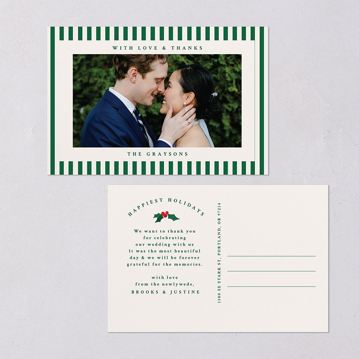 Classic Holiday Stripes Thank You Postcards Jewel Green