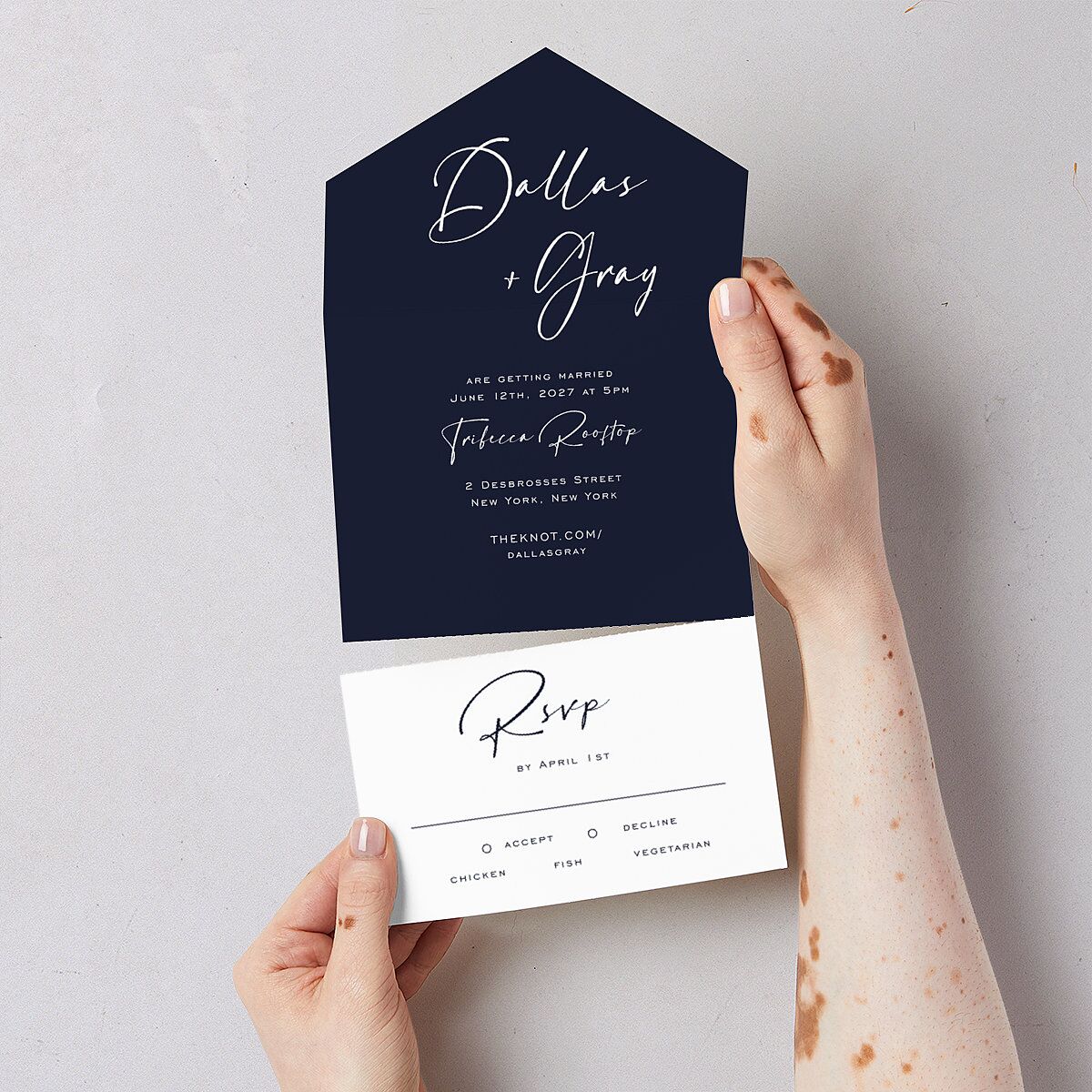 Simply Striking All-in-One Wedding Invitations Navy Signature Light Both Recipient and Return Addresses No