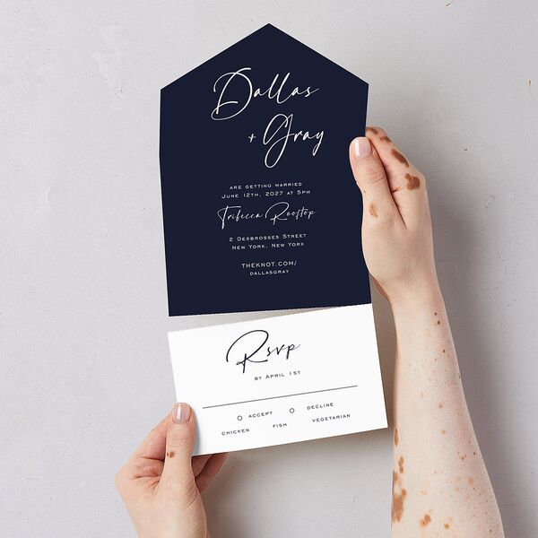 Simply Striking All-in-One Wedding Invitations Navy Signature Light Both Recipient and Return Addresses No
