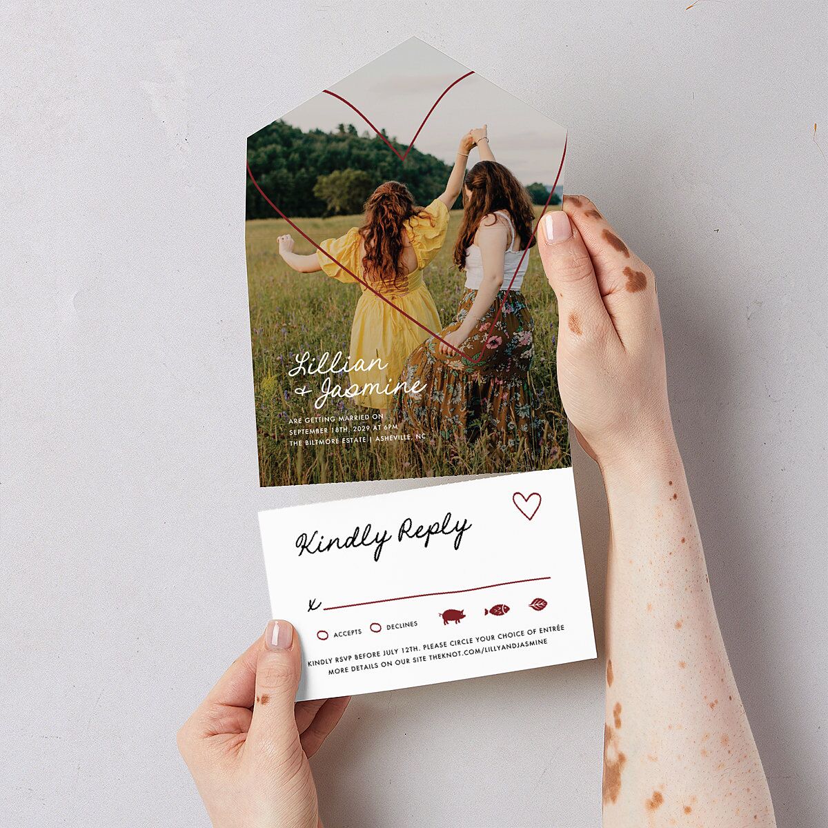 Hand Drawn Heart Photo All-in-One Wedding Invitations Maroon Signature Light Both Recipient and Return Addresses No