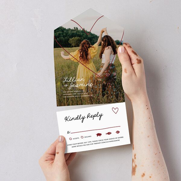 Hand Drawn Heart Photo All-in-One Wedding Invitations Maroon Signature Light Both Recipient and Return Addresses No