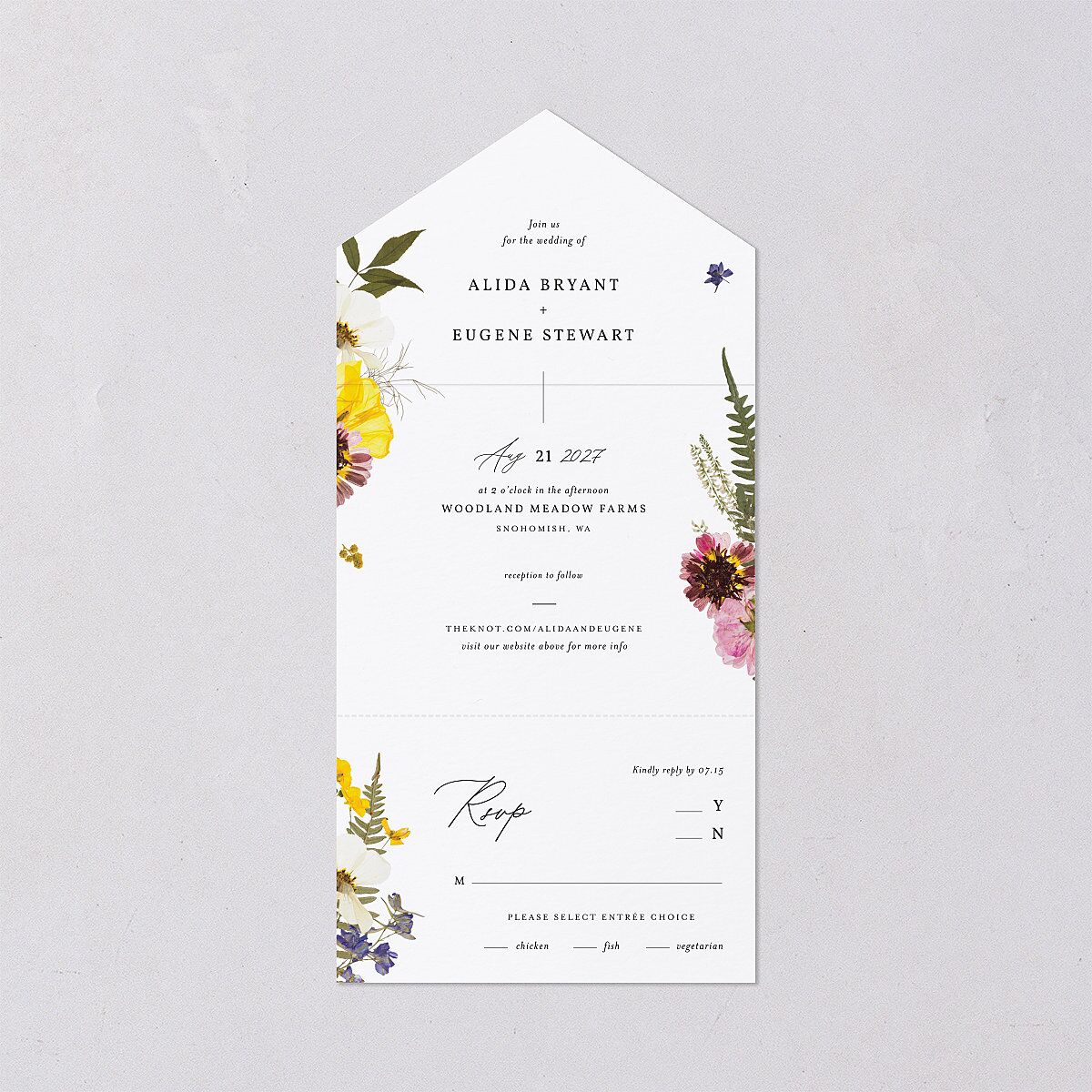 Pressed Flowers All-in-One Wedding Invitations Sunflower Signature Light Both Recipient and Return Addresses No
