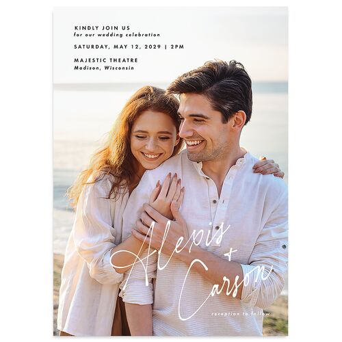 Elegant Modern Portrait Script Wedding Invitations Pure White Signature Blank No Standard