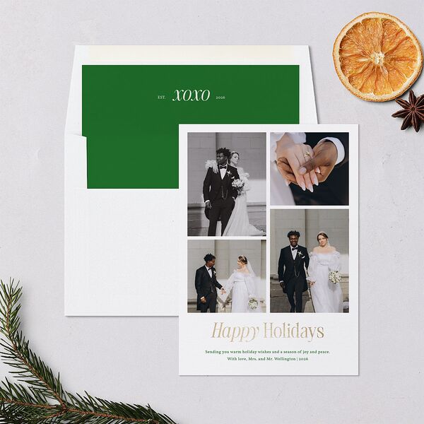 Simply Happy Foil Holiday Cards Gold Jewel Green Signature Blank Portrait Standard