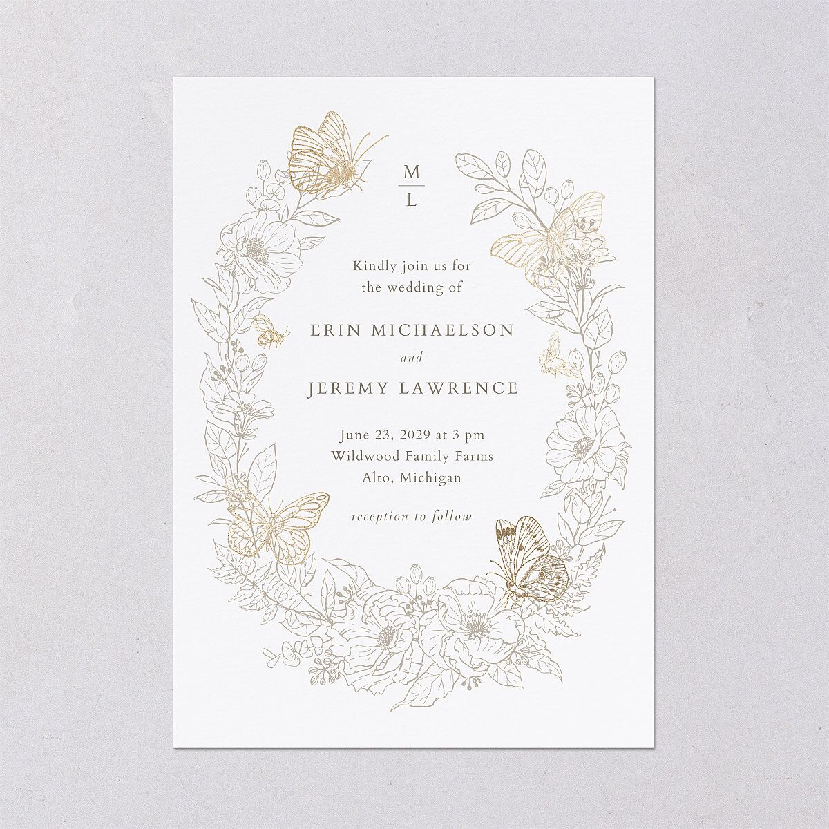 Butterfly Botanical Foil Wedding Invitations Gold Pure White Signature Blank No Standard