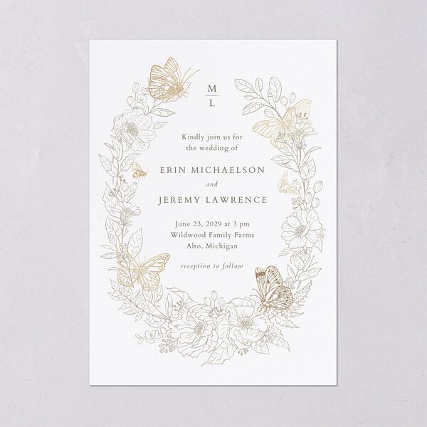 Butterfly Botanical Foil Wedding Invitations Gold Pure White Signature Blank No Standard