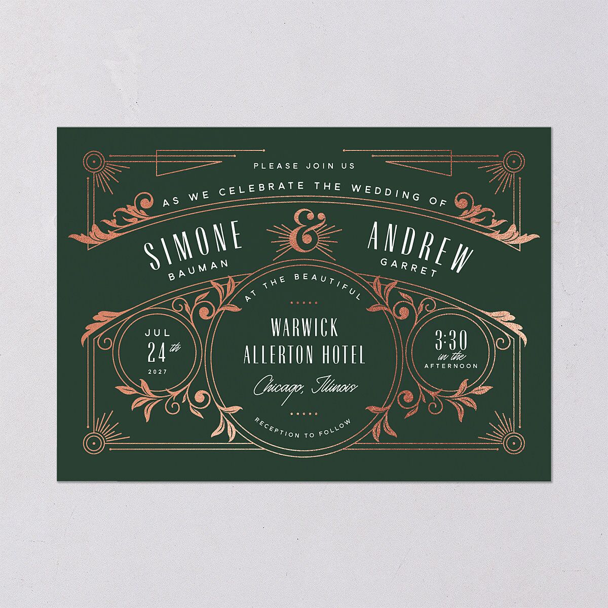Ornate Elegance Wedding Invitations Rose Gold Dark Emerald Signature Blank No