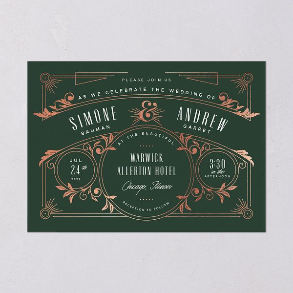 Ornate Elegance Wedding Invitations Rose Gold Dark Emerald Signature Blank No