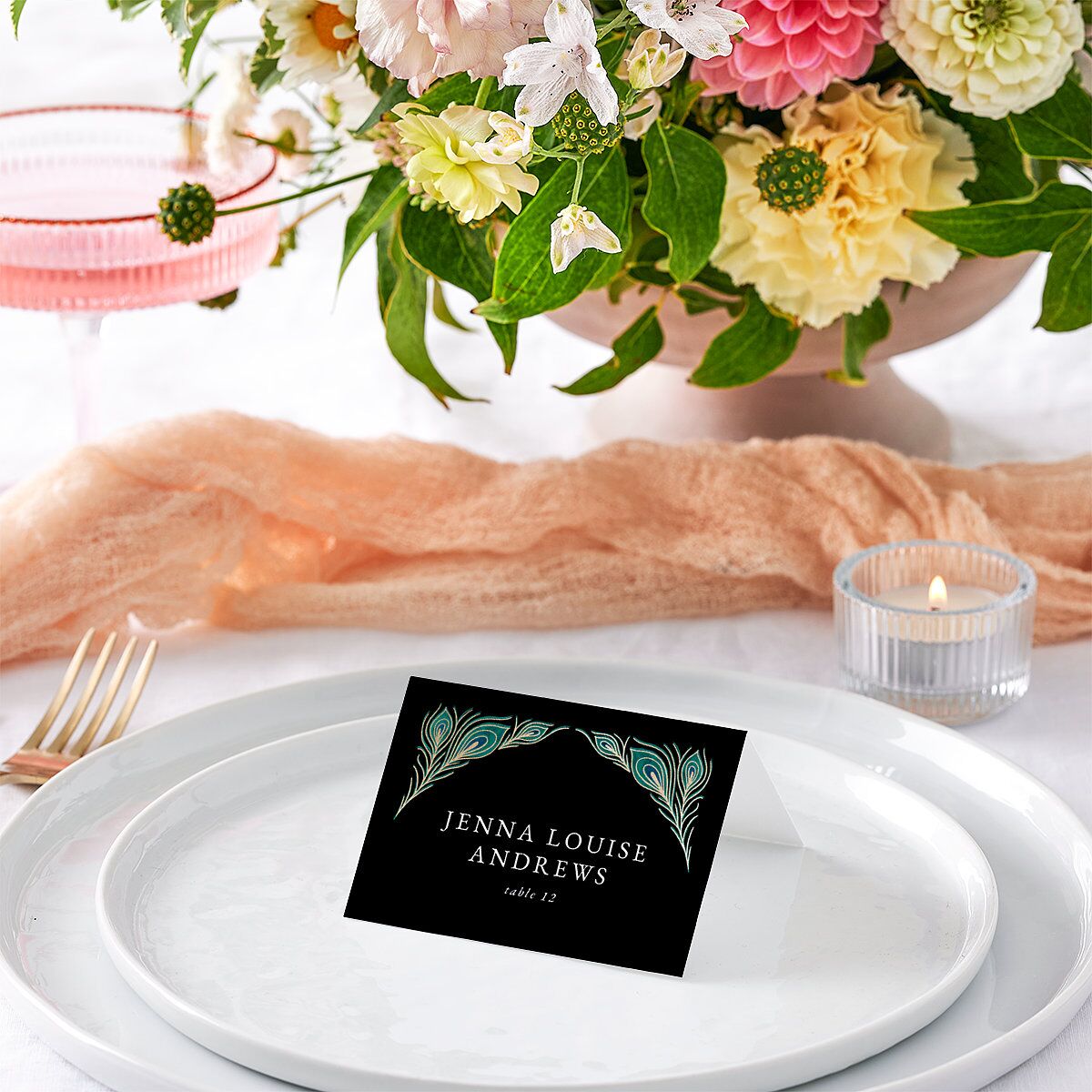 Peacock Nouveau Place Cards Gold Linen Signature