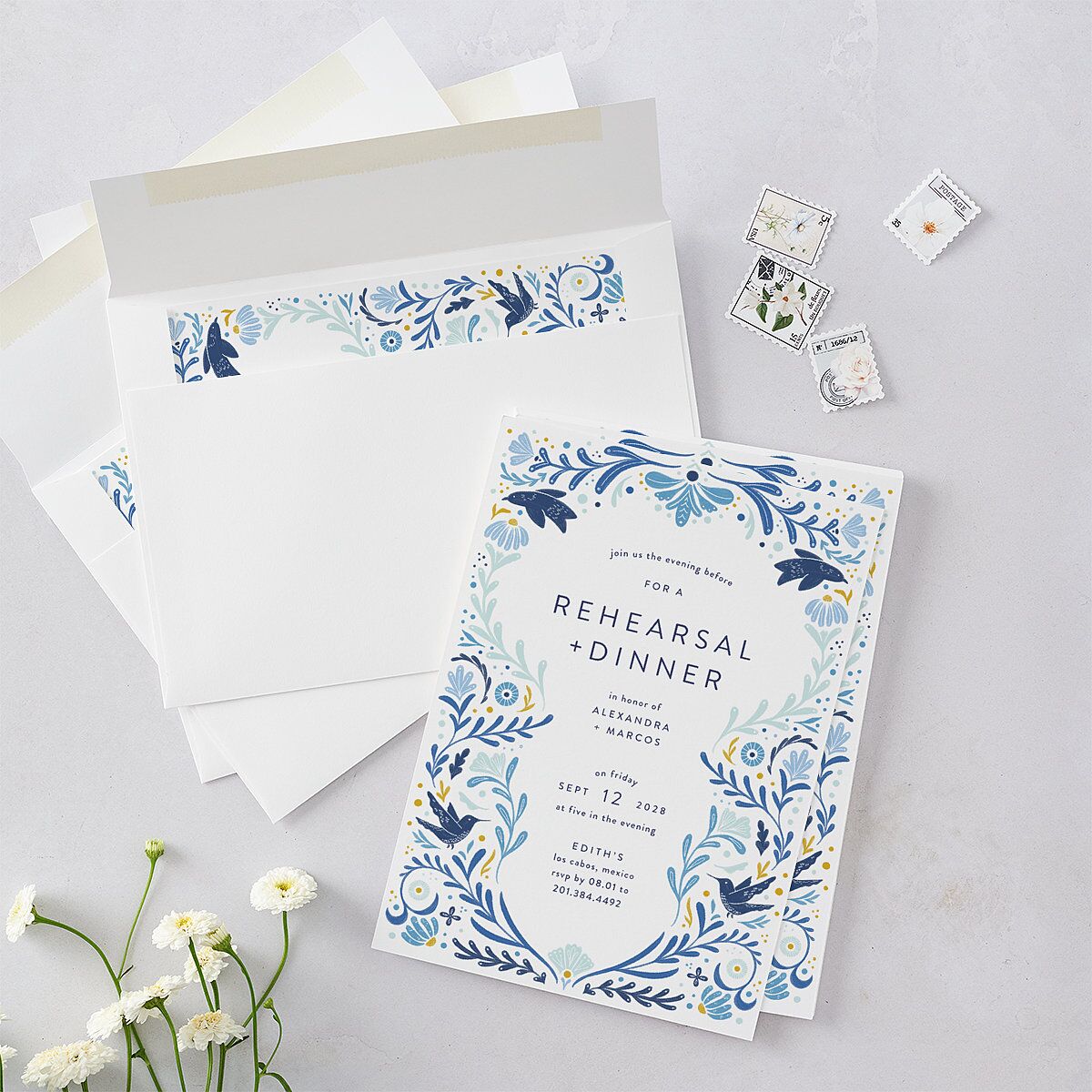 Folk Art Rehearsal Dinner Invitations Sapphire Signature Blank