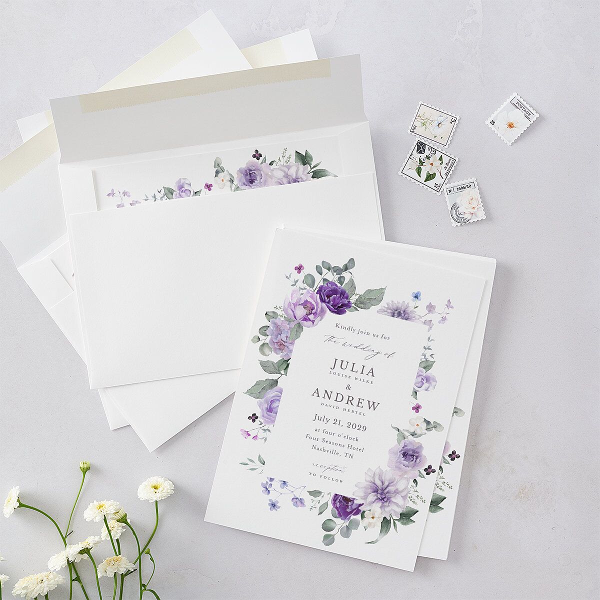Elegant Floral Wedding Invitations Lilac Signature Blank Standard No