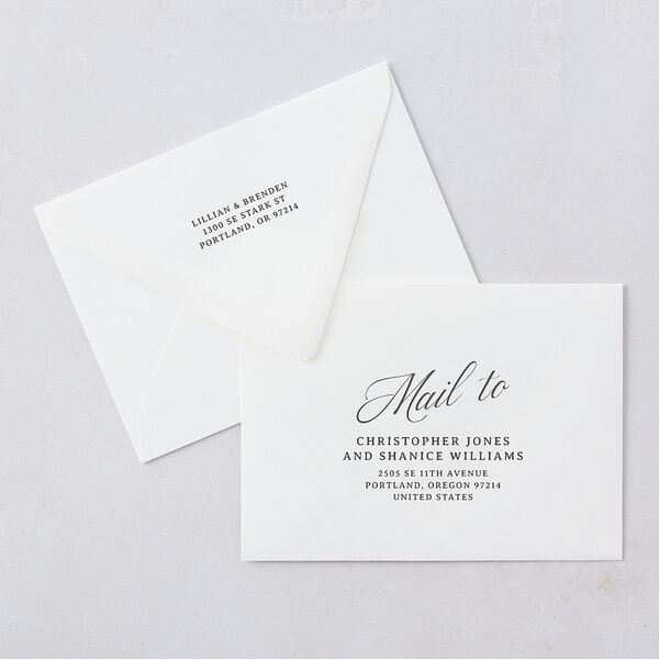 Technicolor Calligraphy Photo Save The Date Card Euro Envelopes White Pure White Both Recipient and Return Addresses Luxe Signature