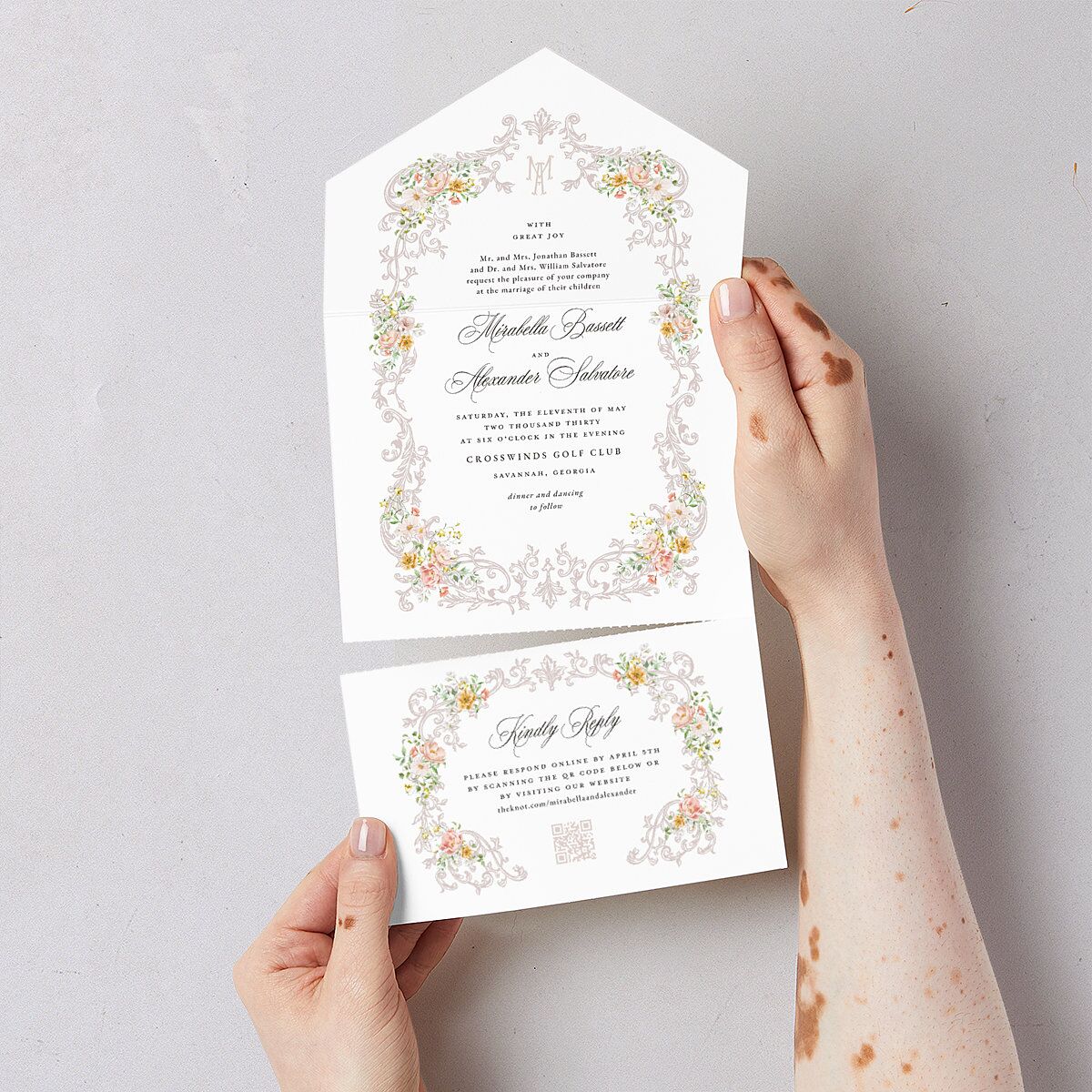 Elegant Floral Regency All-in-One Wedding Invitations Pink Cotton Signature Light Both Recipient and Return Addresses No
