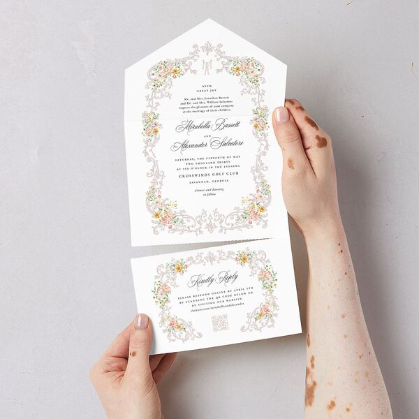 Elegant Floral Regency All-in-One Wedding Invitations Pink Cotton Signature Light Both Recipient and Return Addresses No