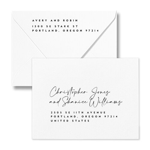 Modern Vow Save the Date Petite Card Euro Envelopes White Bordeaux Both Recipient and Return Addresses Luxe Signature