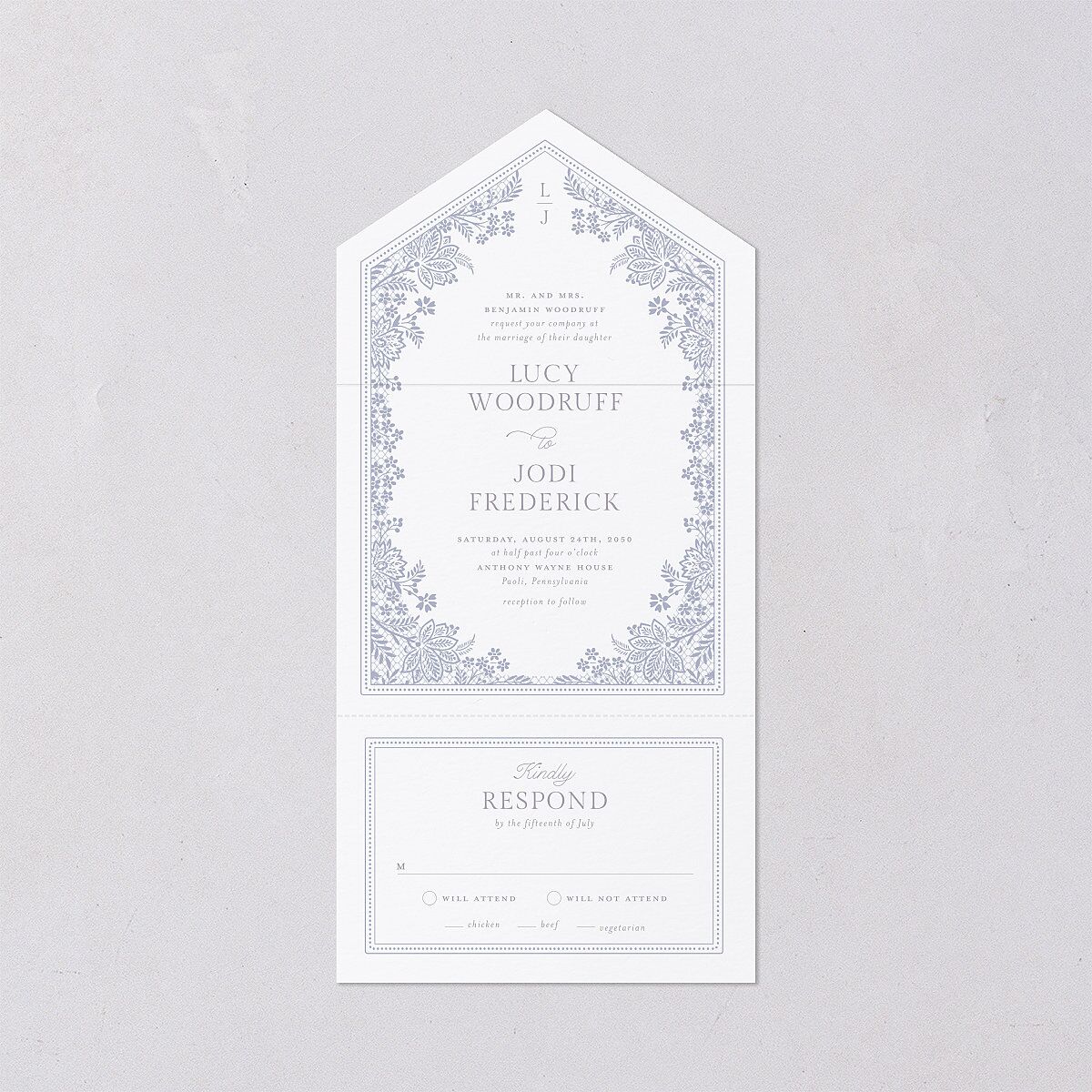 Floral Lace All-in-One Wedding Invitations Dusty Blue Signature Light Both Recipient and Return Addresses No