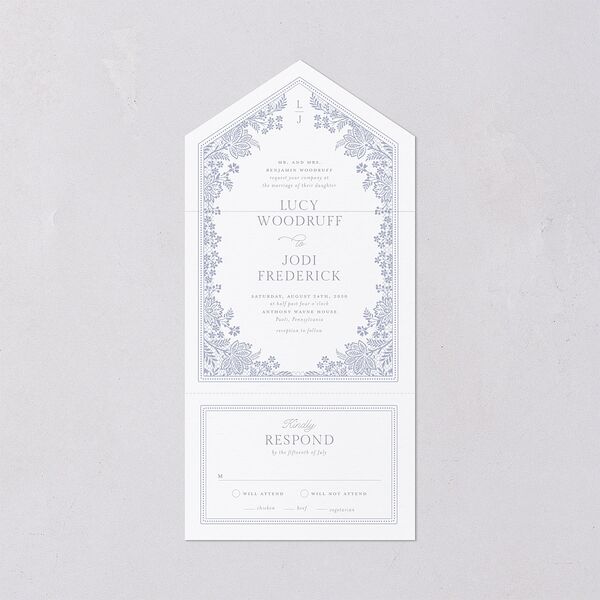 Floral Lace All-in-One Wedding Invitations Dusty Blue Signature Light Both Recipient and Return Addresses No