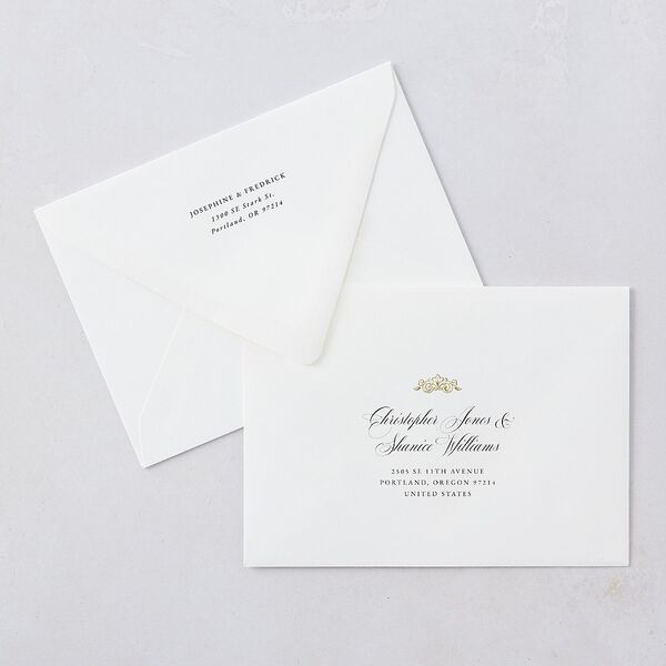 Black Tie Crest Engagement Party Wedding Invitation Euro Envelopes White Pure White Both Recipient and Return Addresses Luxe Signature