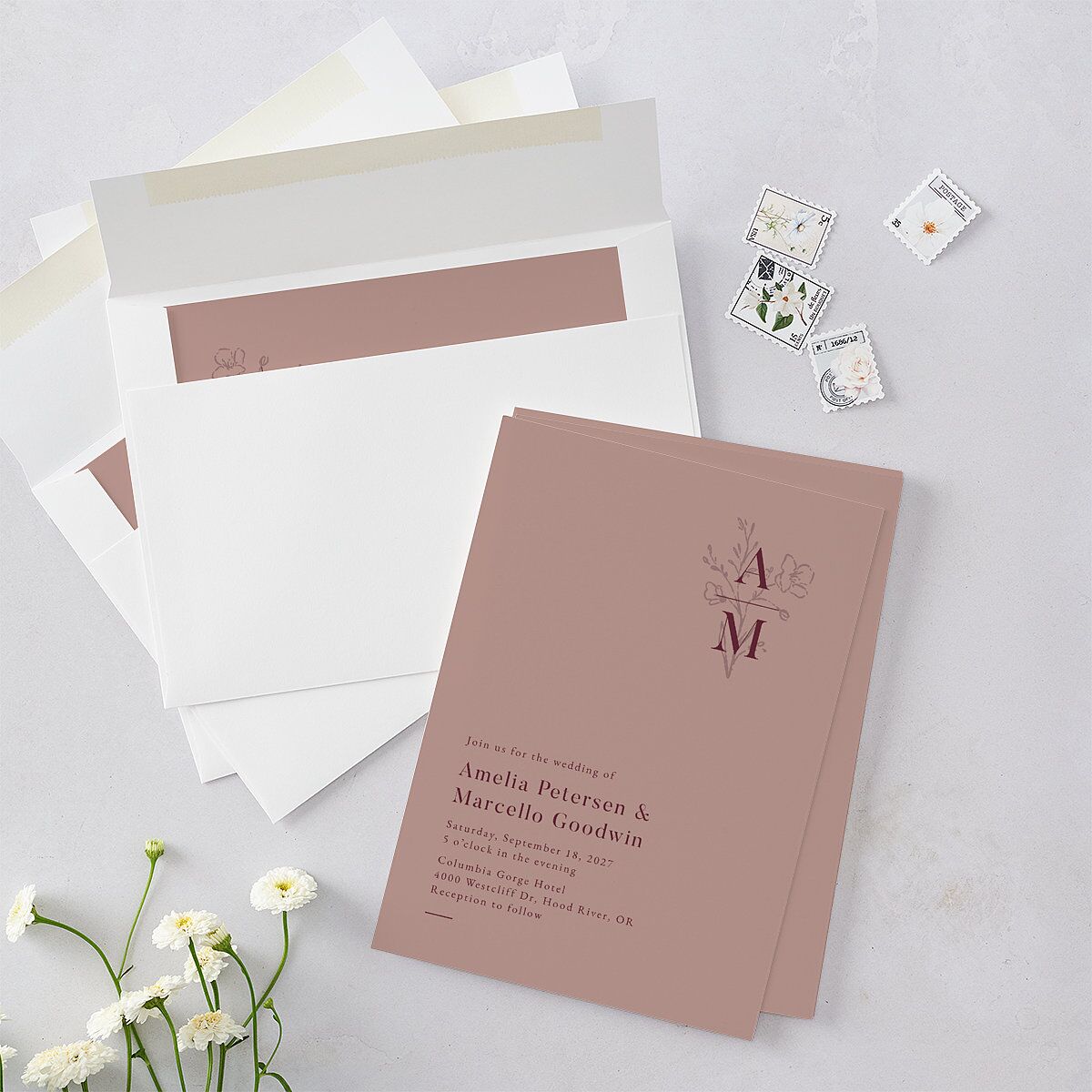 Rustic Monogram Wedding Invitations Dusty Rose Signature Blank No Standard