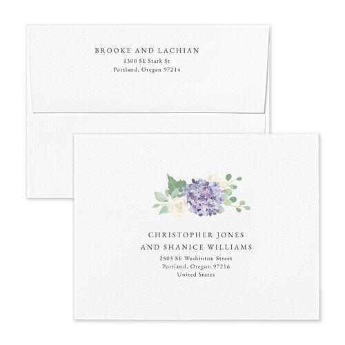 Elegant Hydrangea Save the Date Petite Card Envelopes White Boysenberry Both Recipient and Return Addresses Signature Standard