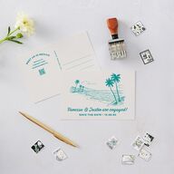 Illustrated Retro Coastal Beach Save the Date Postcards Turquoise
