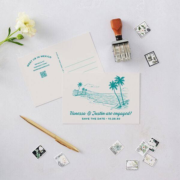 Illustrated Retro Coastal Beach Save the Date Postcards Turquoise