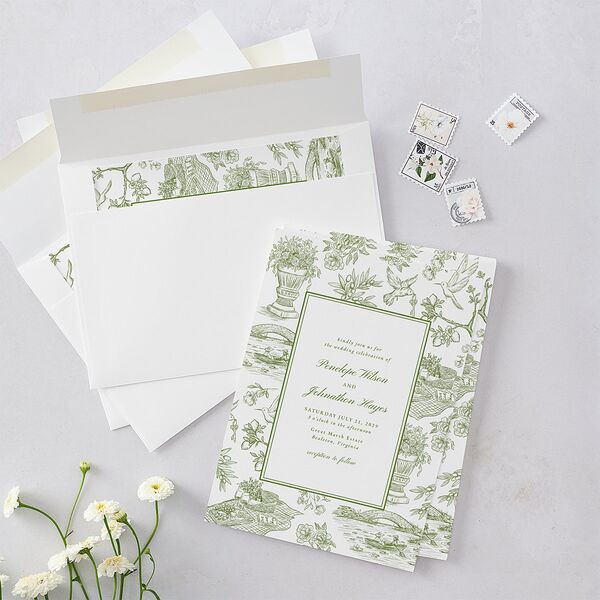 Elegant Italian Toile Wedding Invitations Greenery Signature Blank No Standard