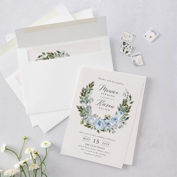 Romantic Laurel Wedding Invitations Dusty Blue Signature Blank No Standard