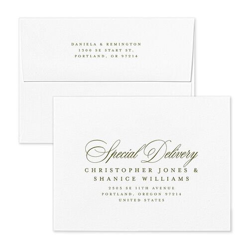 Modern Classic Picture Landscape Save the Date Petite Card Envelopes White Olive Both Recipient and Return Addresses Signature Standard