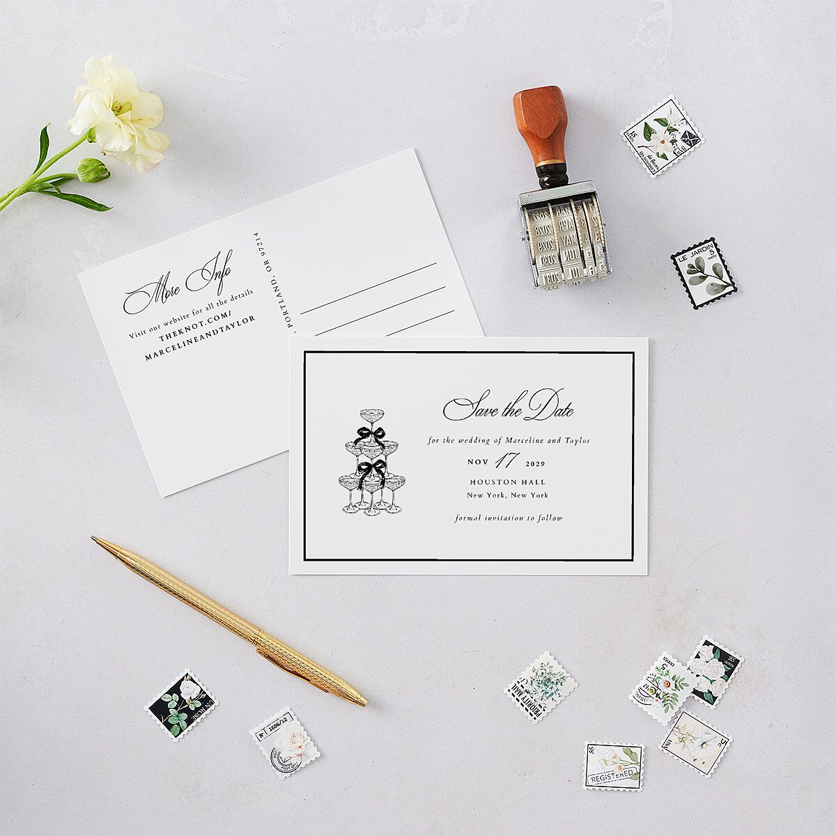 Classic Champagne with Bows Save the Date Postcards Pure White