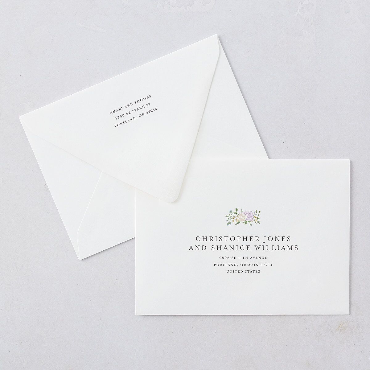 Formal Regency Monogram Floral Wedding Invitation Euro Envelopes White Stream Both Recipient and Return Addresses Luxe Signature