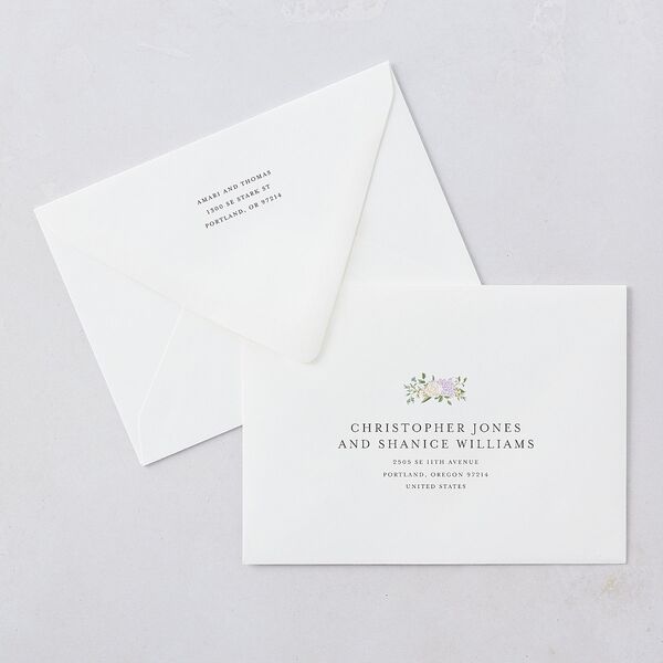 Formal Regency Monogram Floral Wedding Invitation Euro Envelopes White Stream Both Recipient and Return Addresses Luxe Signature