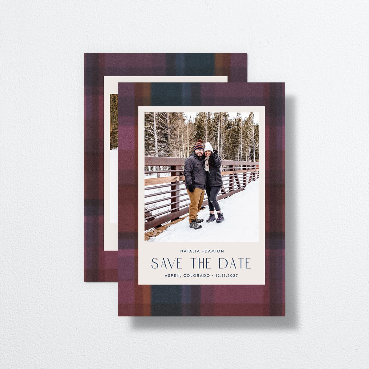 Classic Flannel Save the Date Cards front-and-back