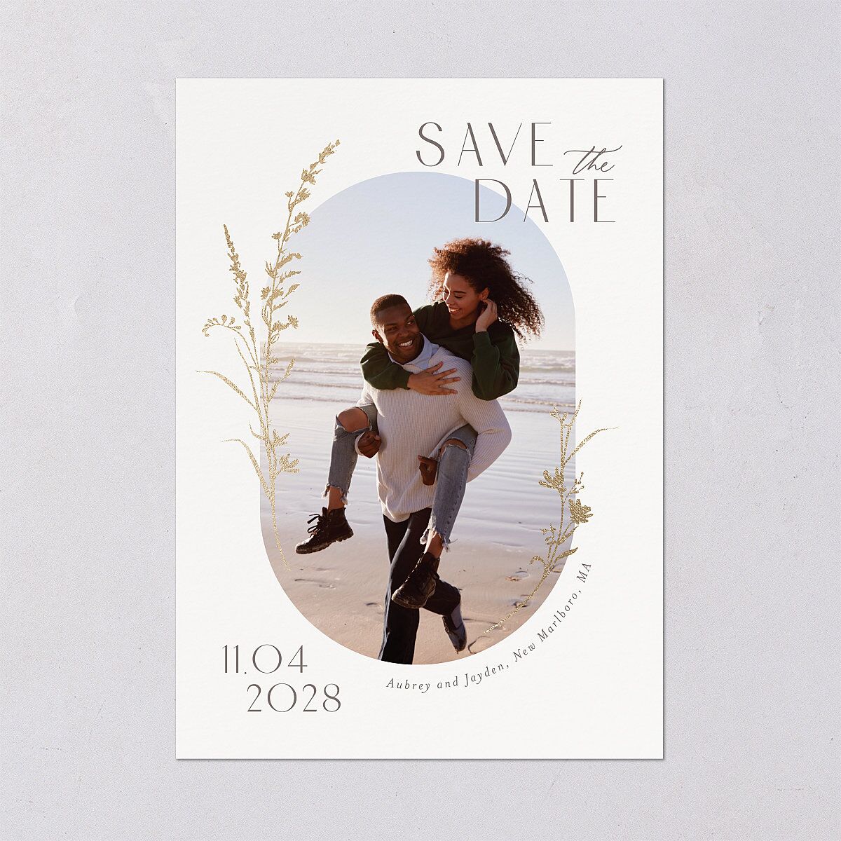 Minimal Wildflower Save the Date Cards Gold Off-White Signature smooth Blank No