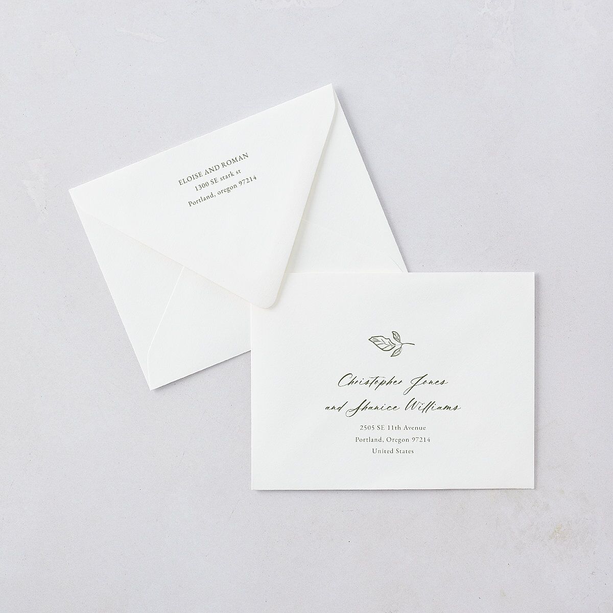 Vintage Botanical Sketch Save the Date Magnet Euro Envelopes White Dark Camo Both Recipient and Return Addresses Luxe Signature