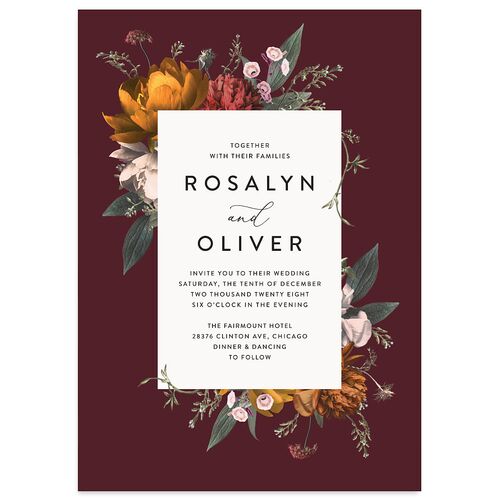 Blooming Botanical Wedding Invitations Burgundy Signature Blank No Standard