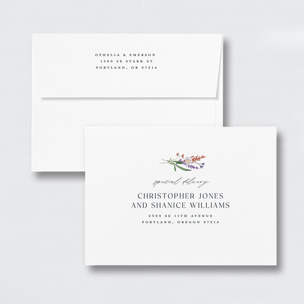 Mountain Wildflowers Wedding Invitation Envelopes White Standard Dusty Blue Both Recipient and Return Addresses Signature