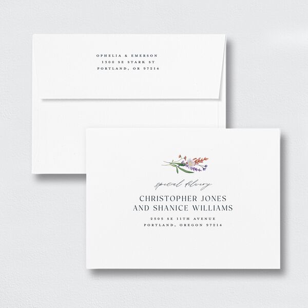 Mountain Wildflowers Wedding Invitation Envelopes White Standard Dusty Blue Both Recipient and Return Addresses Signature