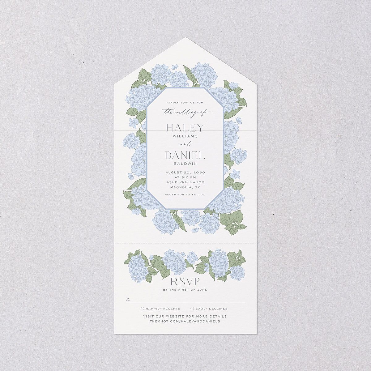 Vintage Hydrangea Frame All-in-One Wedding Invitations Dusty Blue Signature Light Both Recipient and Return Addresses No