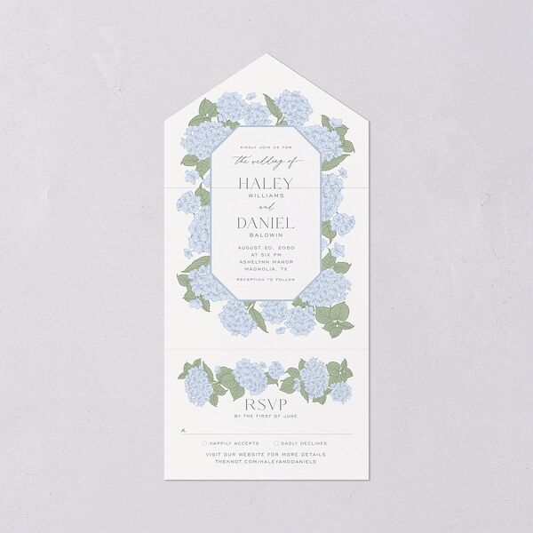 Vintage Hydrangea Frame All-in-One Wedding Invitations Dusty Blue Signature Light Both Recipient and Return Addresses No