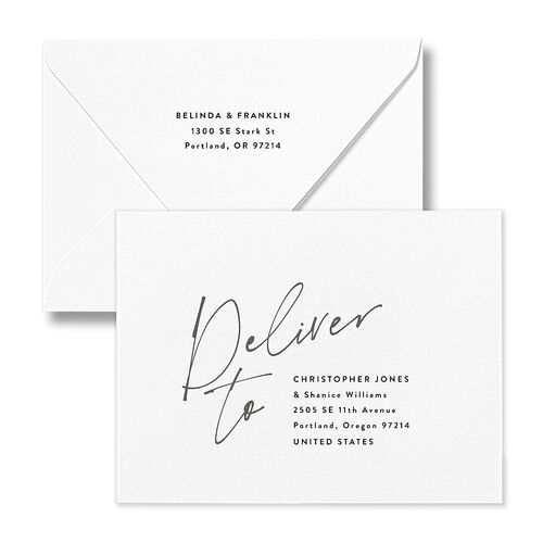 Modern Script Names Save the Date Petite Card Euro Envelopes White Charcoal Both Recipient and Return Addresses Luxe Signature