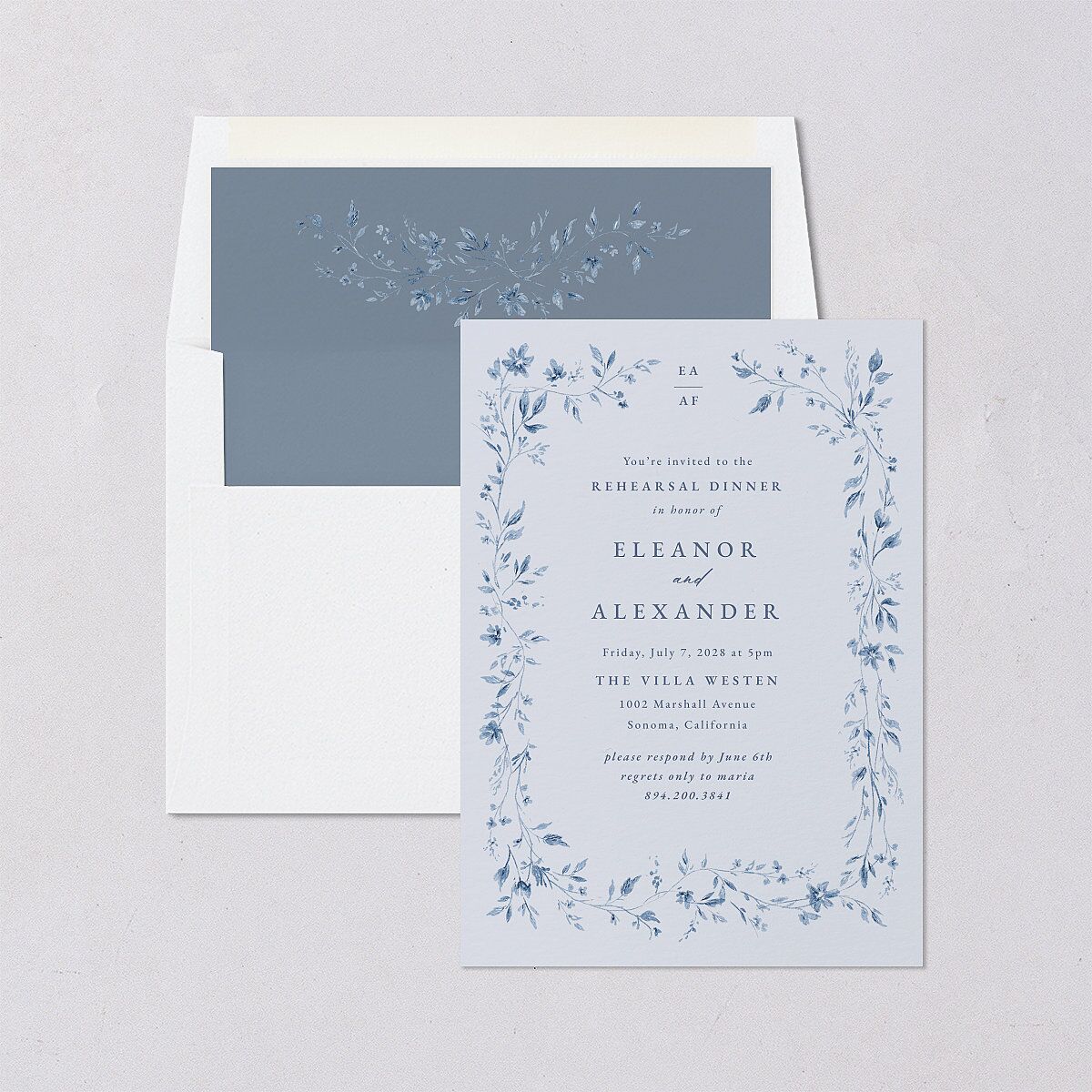 Timeless Floral Foil Rehearsal Dinner Invitations Dusty Blue Signature Blank