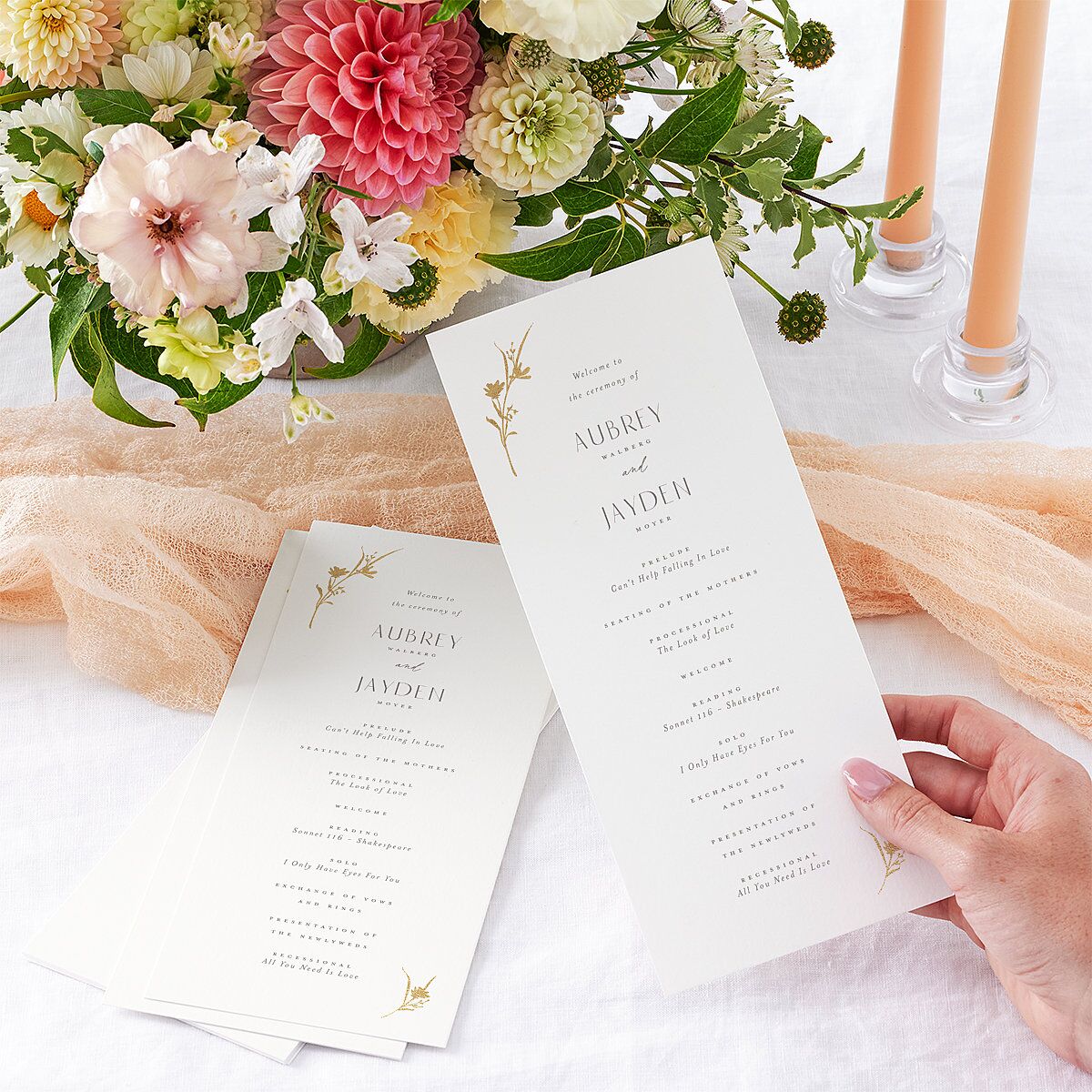 Minimal Wildflower Wedding Programs Gold Off-White Signature