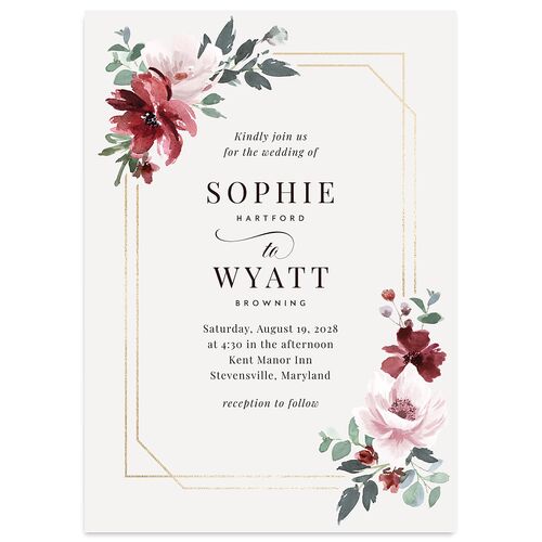 Floral Frame Foil Wedding Invitations Gold Garnet Signature Blank No Standard