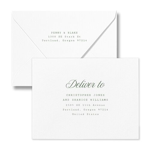 Vintage Script Thank You Card Euro Envelopes White Hunter Green Both Recipient and Return Addresses Luxe Signature