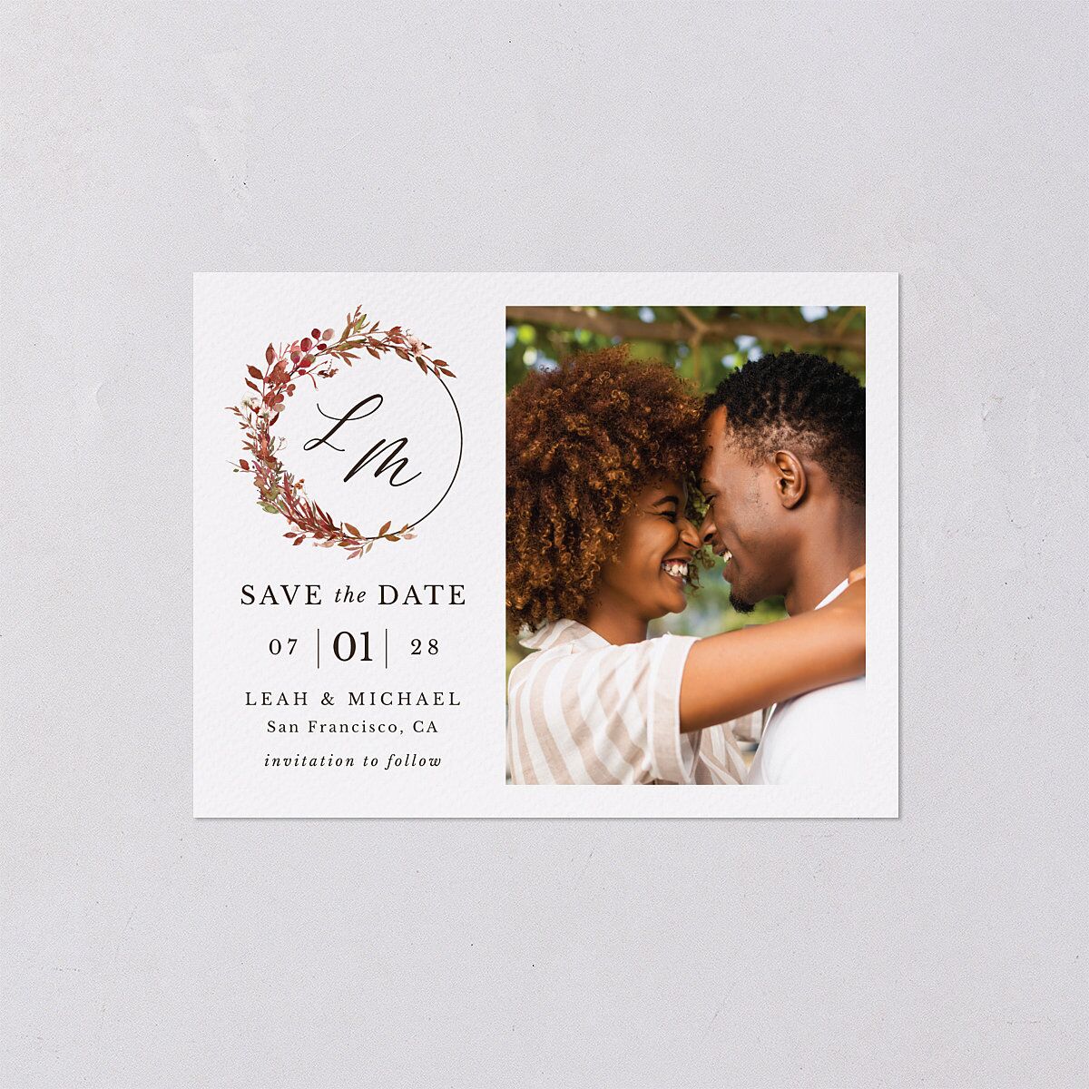 Leafy Monogram Hoop Save the Date Petite Cards Pure White Signature smooth Blank No Standard