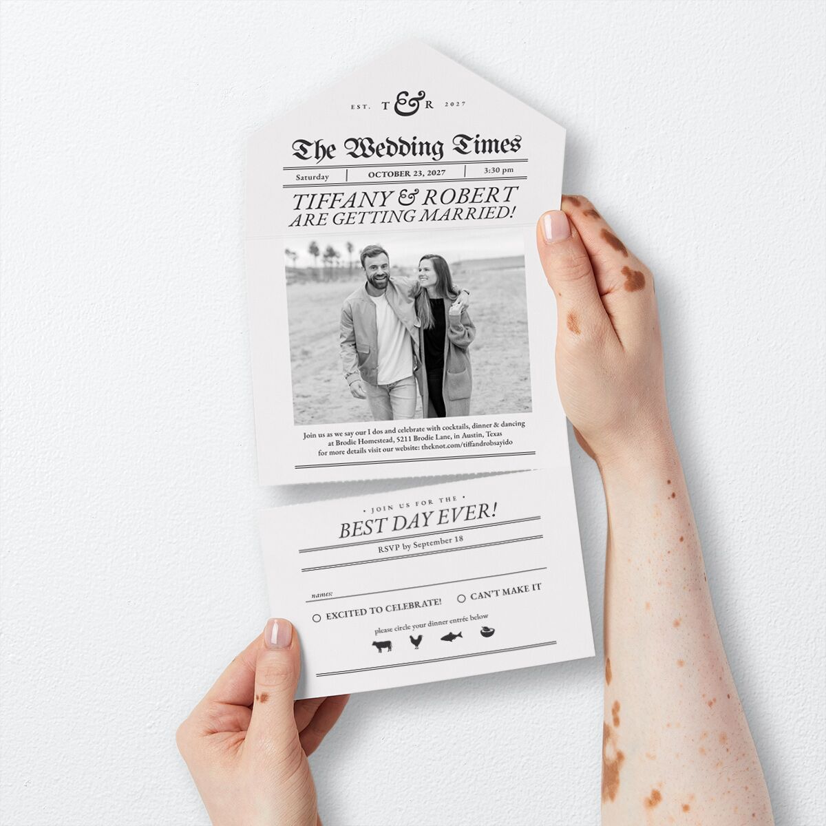 Newspaper All-in-One Wedding Invitations Pure White Signature Light Both Recipient and Return Addresses No